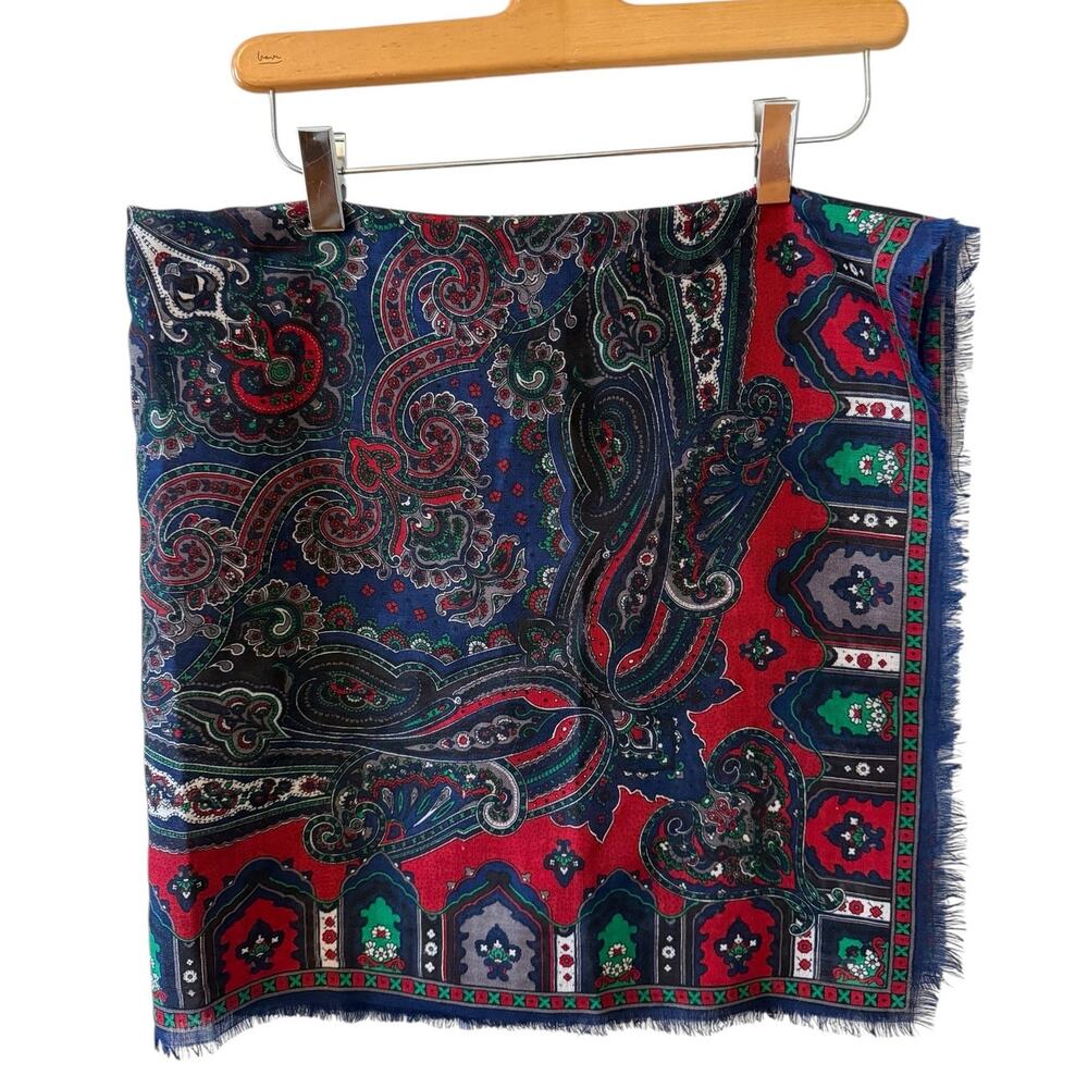 Vintage Paisley Print Fringed Wool Scarf Navy Blue Red Green
